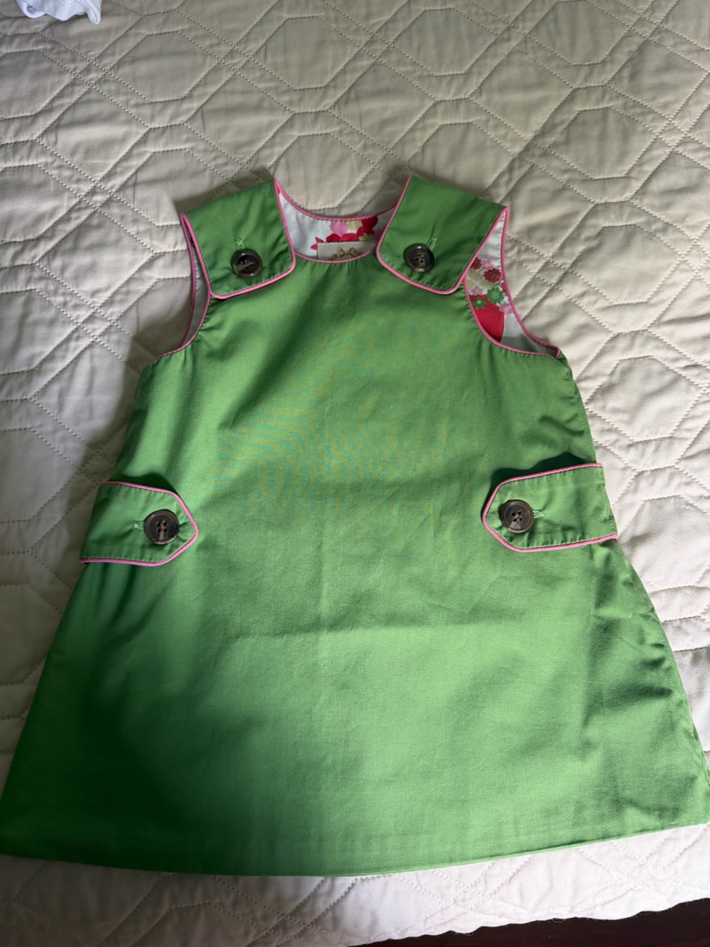 Beaufort Bonnet Company (TBBC) Green Girls' A-Line Pinafore Dress with Pink Trim